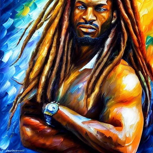 Image similar to portrait painting of The Predator by Leonid Afremov, dreadlocks, hyperdetailed