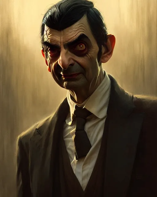 Image similar to mr bean vampire hunter, fine details, realistic shaded lighting poster by greg rutkowski, magali villeneuve, artgerm, jeremy lipkin and michael garmash and rob rey