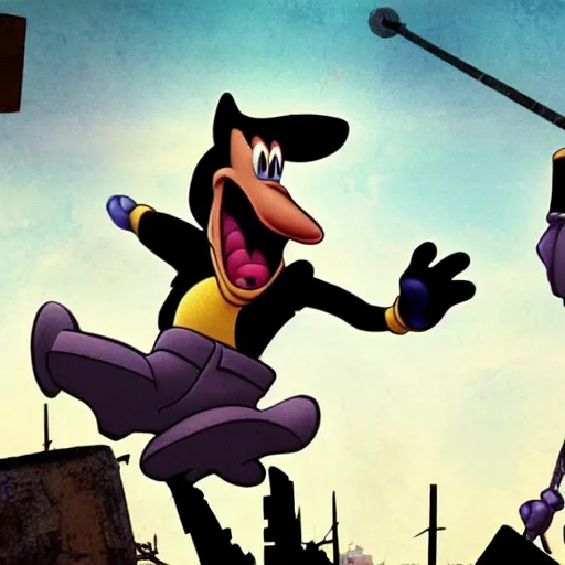 Image similar to goofy fights against the patriarchy in a post apocalyptic city realistic 4 k