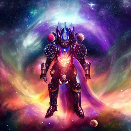 Image similar to photorealistic fantasy cosmic concept art of a cosmic god with armor made out of planets and dark matter, hovering in a unknown galaxy, fully body portrait, cinematic, dynamic lighting, ultra detailed, creative, trending on art station, creative