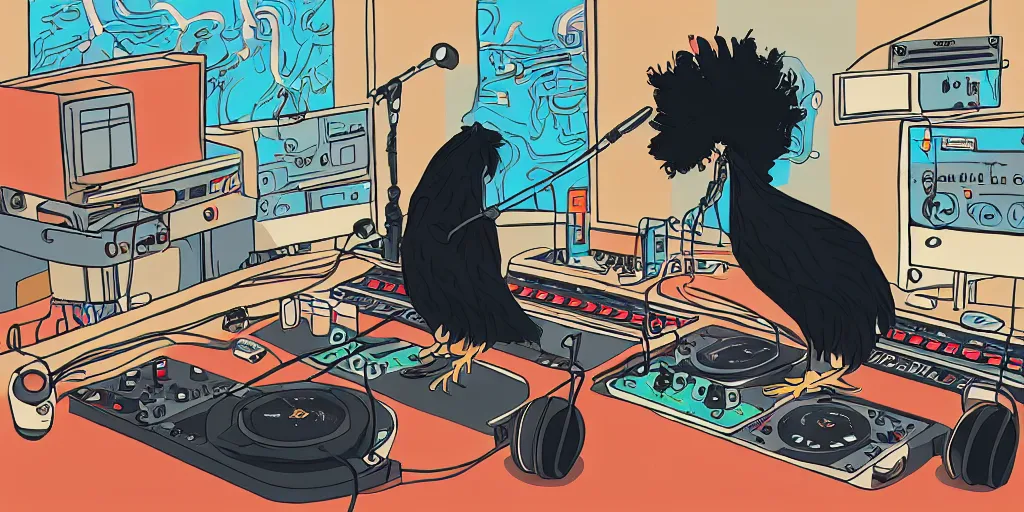 Prompt: ' black chicken '!!! listening to'music!!!!!!'in front of'radio console '!!!! and'multi monitors!!!!!!'wearing'headphones!!!!'in a dj radio broadcasting studio, artwork by james gilleard