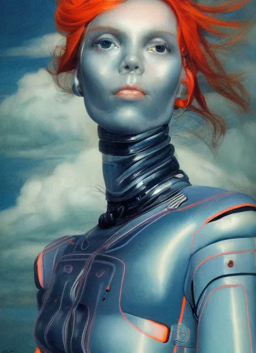 Image similar to symmetry!!! closeup portrait! of a cyborg girl, racer jumpsuit, in clouds, cinematic light, windy, teal orange, volumetric smoke, by gerald brom, by mikhail vrubel, by peter elson, muted colors, extreme detail, trending on artstation, 8 k
