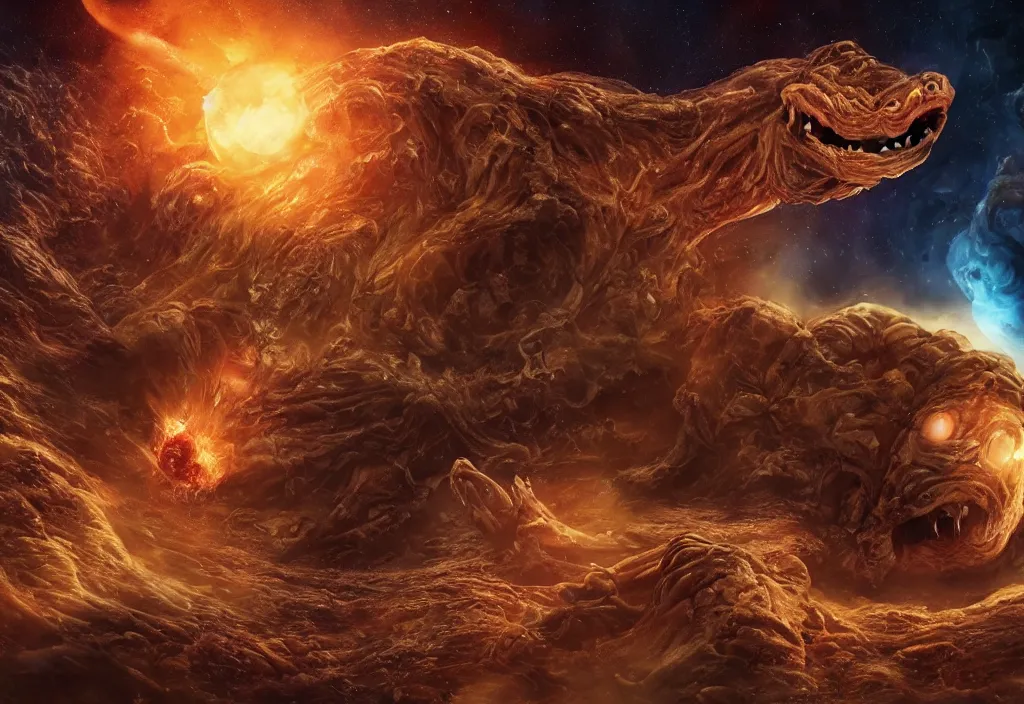 Image similar to eldritch horror bloody garfield in space, hd, 8 k, giant, epic, realistic photo, unreal engine, stars, prophecy, powerful, cinematic lighting, destroyed planet, debris, violent, sinister, ray tracing, dynamic, epic composition, dark, horrific, teeth, grotesque, monochrome drawing, hellscape, death, corpses