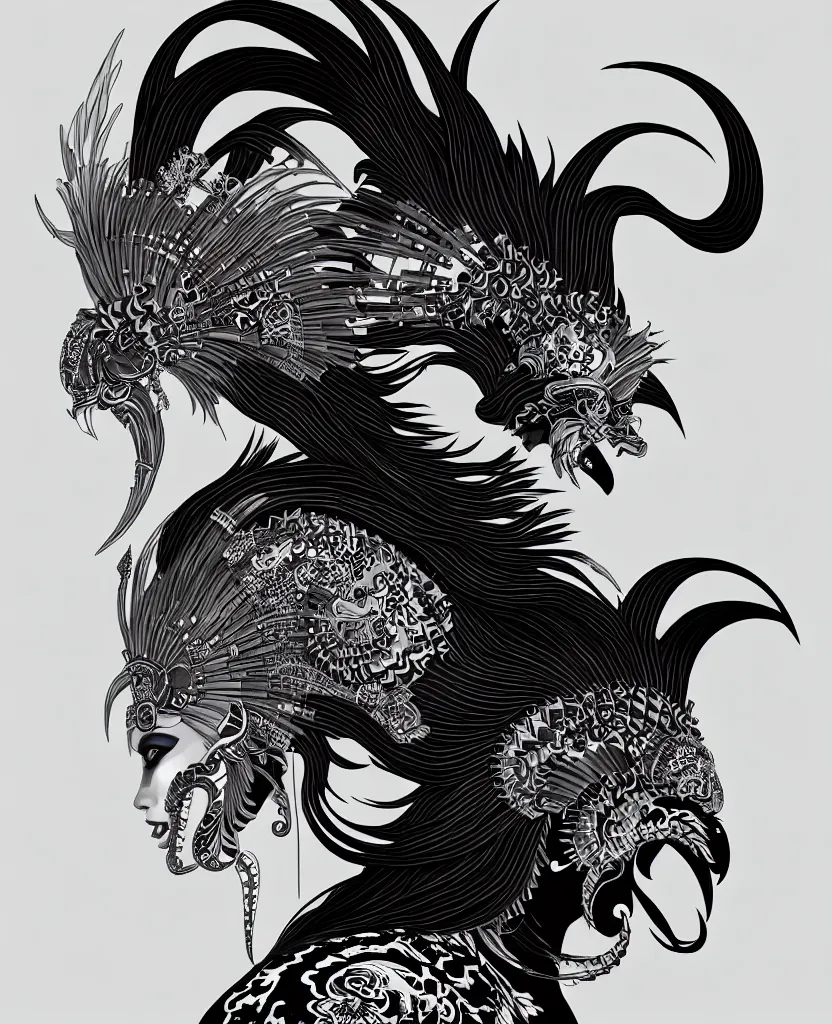 Image similar to 3 d goddess close - up profile portrait punk with mohawk with ram skull. beautiful intricately detailed japanese crow kitsune mask and clasical japanese kimono. betta fish, jellyfish phoenix, bio luminescent, plasma, ice, water, wind, creature, artwork by tooth wu and wlop and beeple and greg rutkowski