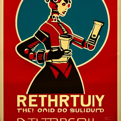 Prompt: retrofuturism poster of an anthropomorphic retro futuristic steampunk robot maid