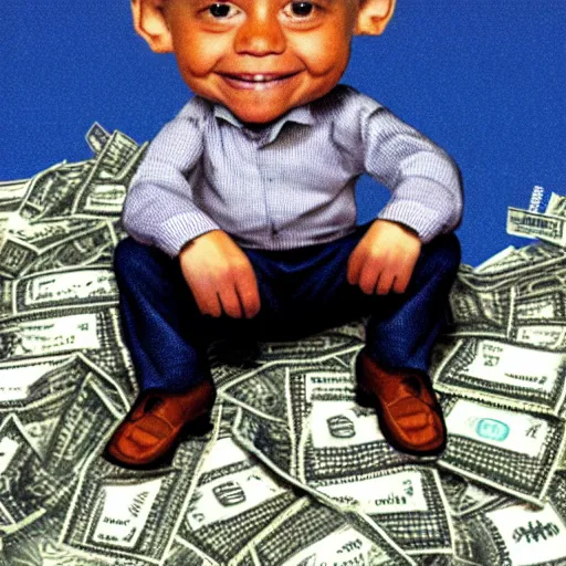 Image similar to a very small man sitting, happy on a large pile of money, brewster millions