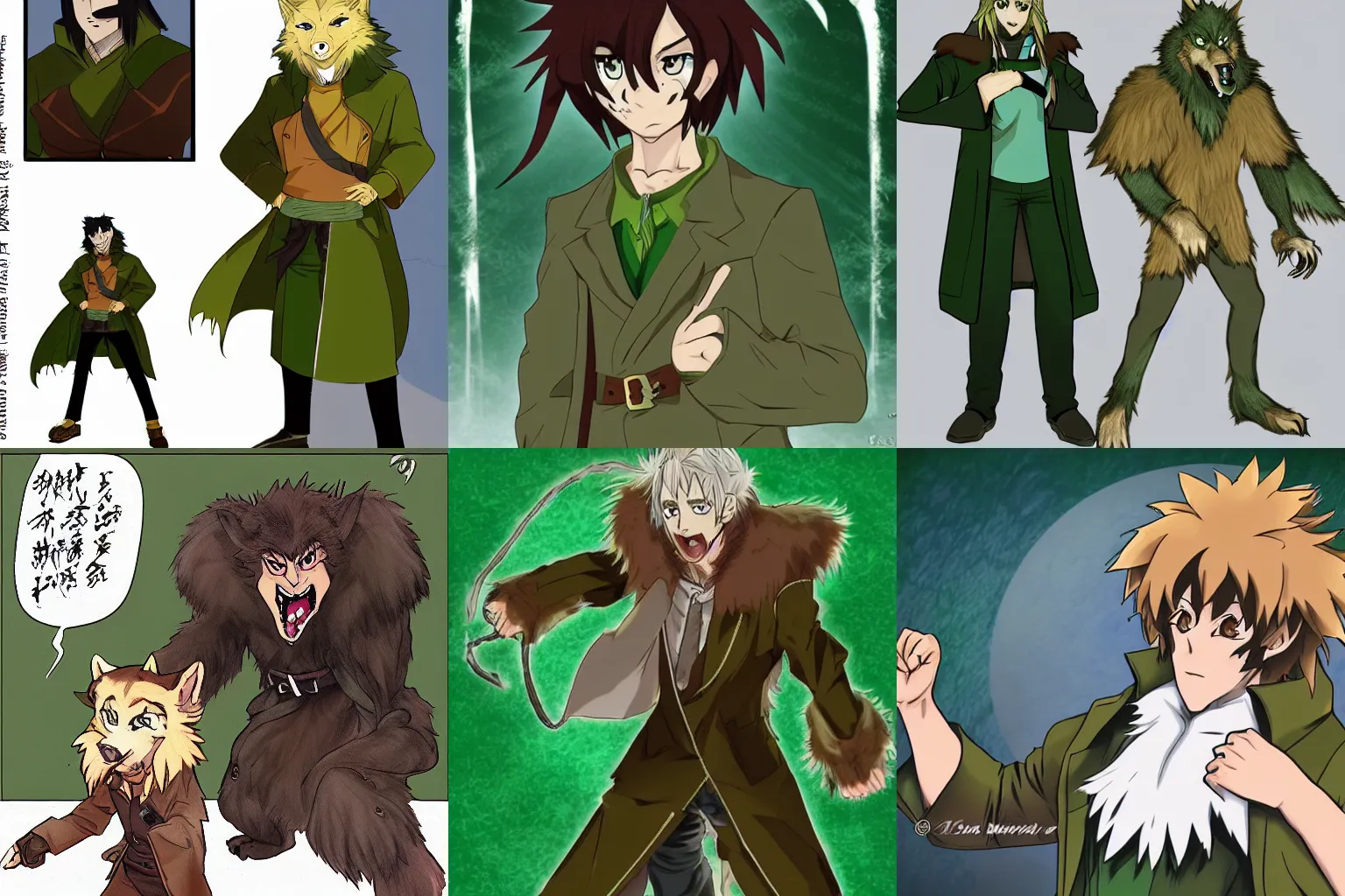 Prompt: anime D&D charterer of a werewolf with brown fur in a green overcoat in an aggressive stance