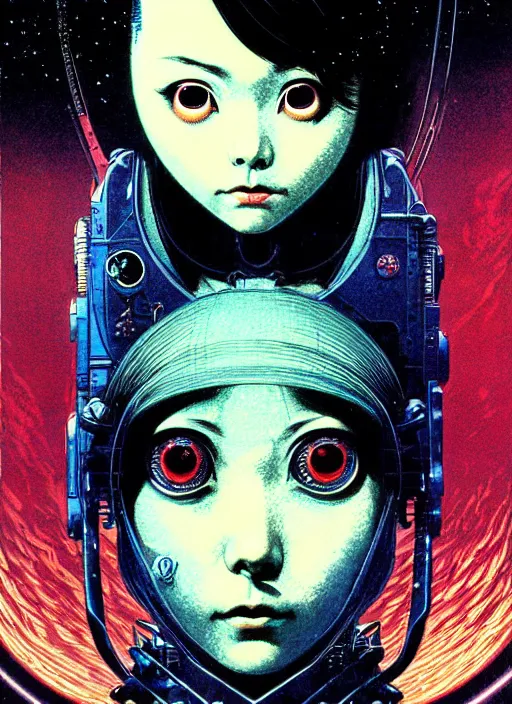 Prompt: japanese sci fi horror girl with big eyes, character portrait, portrait, close up, concept art, intricate details, highly detailed, vintage sci - fi poster, in the style of chris foss, rodger dean, moebius, michael whelan, and gustave dore