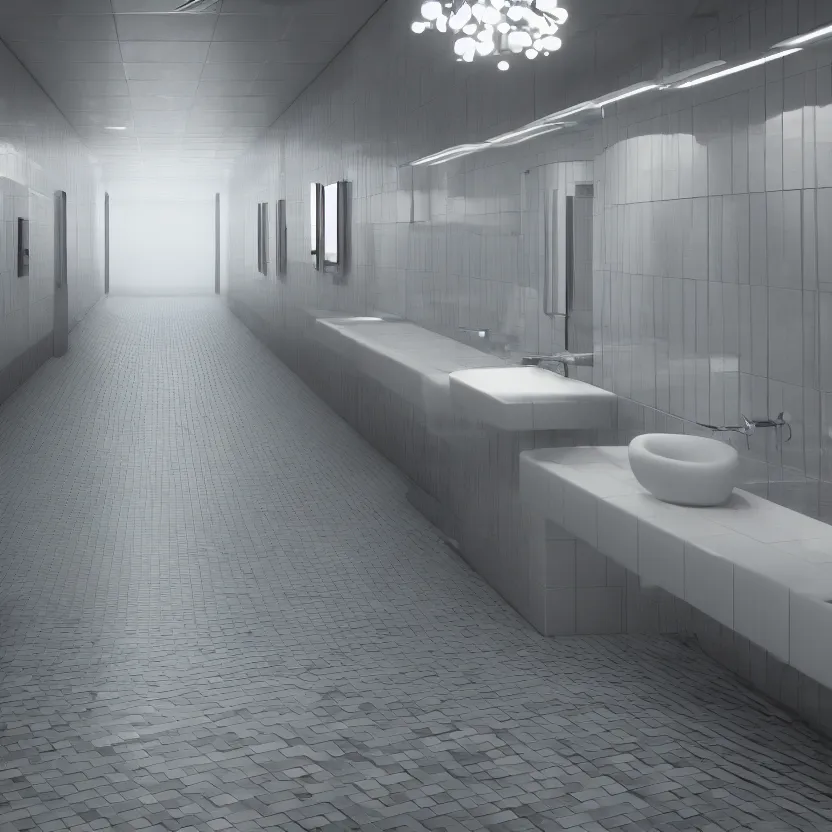 Image similar to an infinite public restroom with endless stalls and endless sinks fading into the distance, mirrors!, showers, tile, cinematic lighting, volumetric lighting, award winning photography, highly detailed, intricate, sharp focus, 4 k wallpaper, unreal engine, 9 0 mm, f / 1. 4