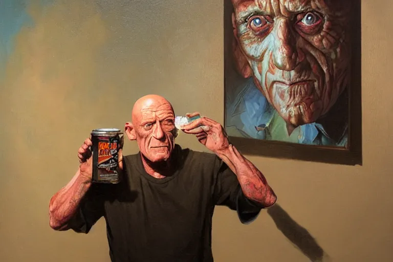 Image similar to portrait of michael berryman outside at night eating a can of beans, an oil painting by ross tran and thomas kincade