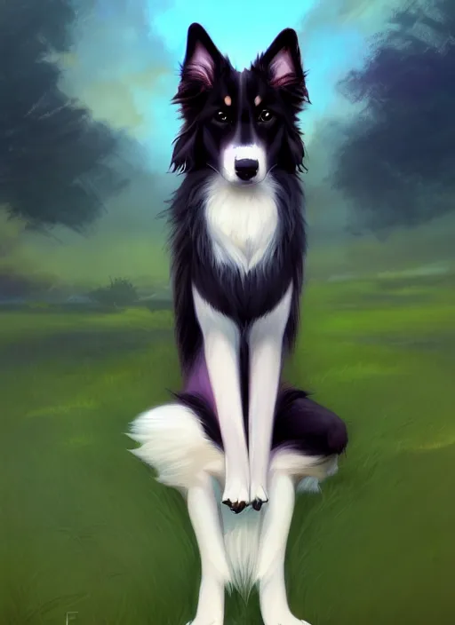 Image similar to wide angle beautiful full body portrait of a cute anthro male border collie fursona with two legs posing in front of a park, character design by charlie bowater, henry asencio, and ross tran, furry art, furaffinity, scenic background, beautiful, glamor pose, detailed, aesthetic, trending on artstation