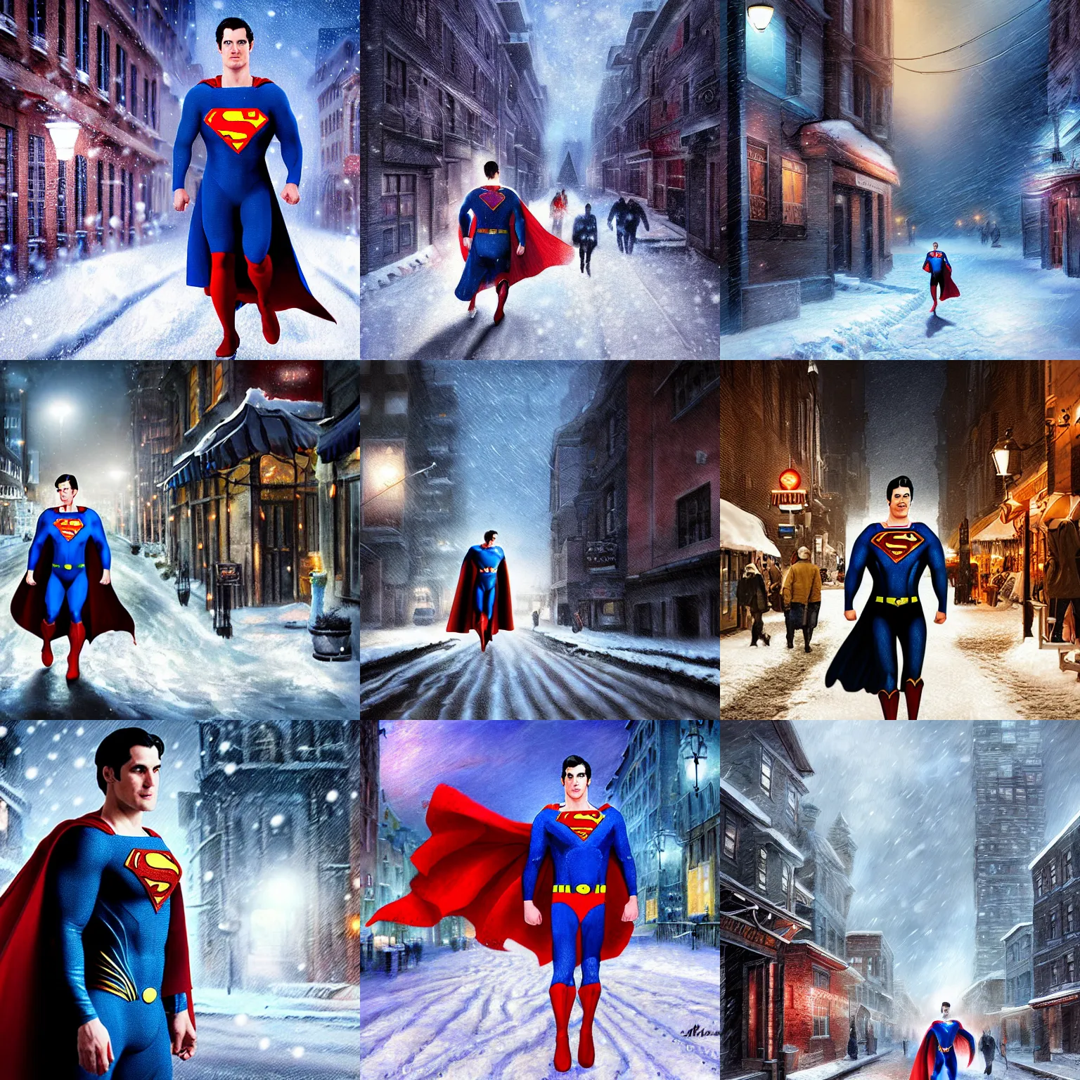 Prompt: Superman walking in a snowy town at night, realistic painting, high definition, digital art, matte painting, very detailed, realistic