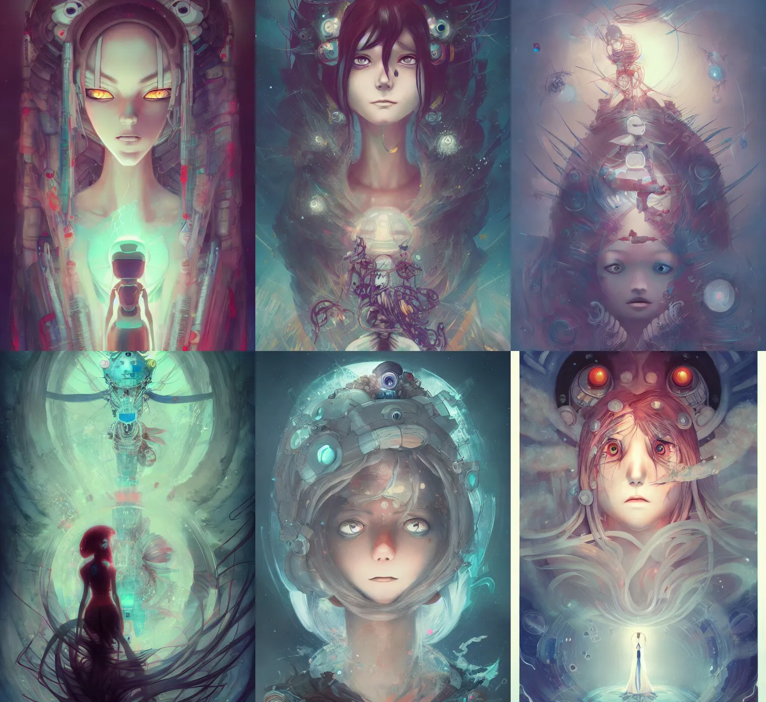 Prompt: machine god by Anna Dittmann and studio ghibli, digital art, horror, trending on artstation, anime arts, featured on Pixiv, HD, 8K, highly detailed, good lighting, beautiful, epic, masterpiece
