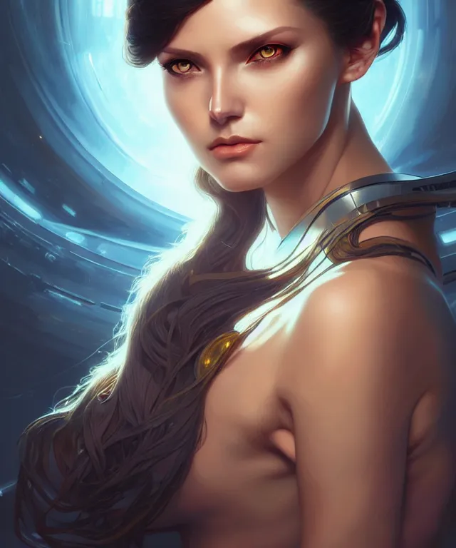 Image similar to futuristic young woman portrait, sci-fi, amber eyes, face, long hair, fantasy, intricate, elegant, highly detailed, digital painting, artstation, concept art, smooth, sharp focus, illustration, art by artgerm and greg rutkowski and alphonse mucha