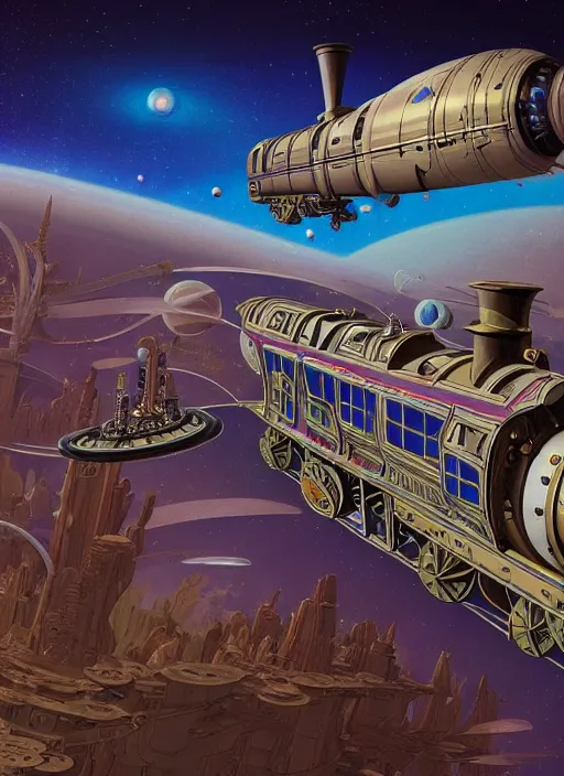 Image similar to a steampunk train in space at warp speed by paolo eleuteri serpieri and tomer hanuka and chesley bonestell and daniel merriam and tomokazu matsuyama, unreal engine, high resolution render, featured on artstation, octane, 8 k, highly intricate details, vivid colors