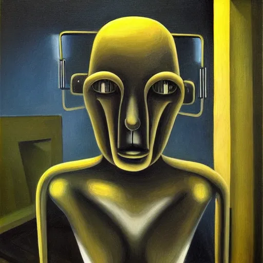 Image similar to sad robot portrait, visage, dystopian, pj crook, edward hopper, oil on canvas