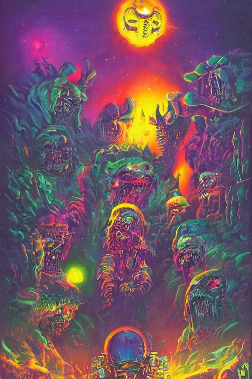 Image similar to horror mutants by jack vance, mike mignogna, lisa frank, paul lehr, highly detailed, vintage dark sci fi, oil painting