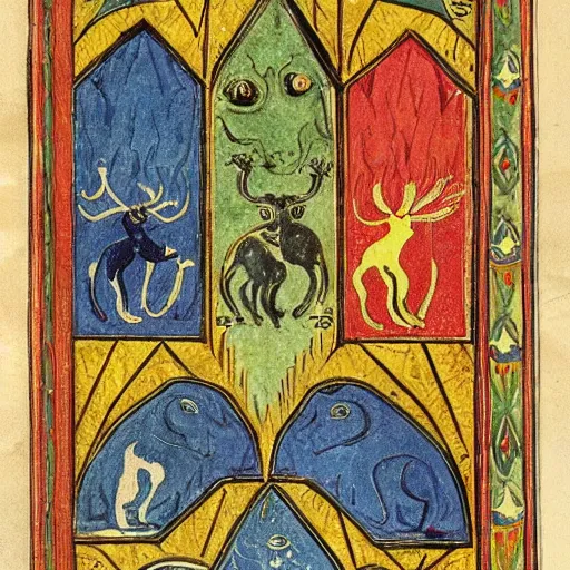 Prompt: illustrated manuscript insular bright colours animals beasts ewoks