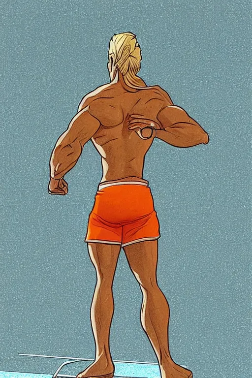 Image similar to a handsome male fitness model with blonde hair who is also a male android, ken, muscular, wearing a white crop top and short light orange shorts, stands by a swimming pool, facing forward, in the style of artgerm and moebius and annie liebovitz, photorealistic, highly detailed