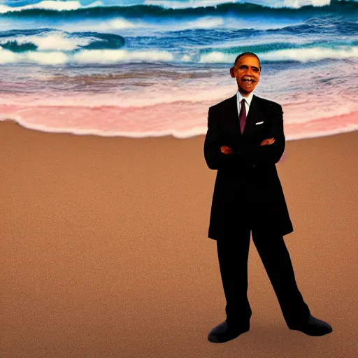 Image similar to dwarf Barak Obama on the beach, artistic, 8k, dramatic lighting