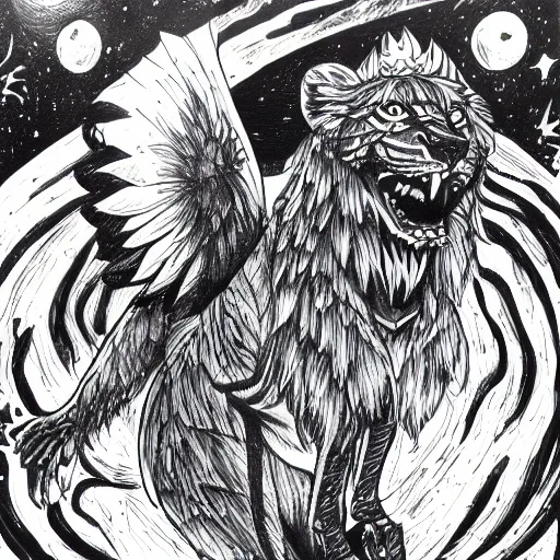 Image similar to winged lioness in outer space, ink on paper, 8k high quality detailed art, trending on art station, manga art, by Eiichiro Oda