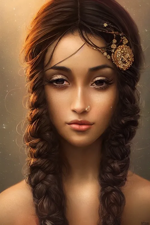 Prompt: beautiful iranian woman, brown skin. light makeup, long black hair in a braid. beautiful simple dress. ethereal, dreamy, backlit, highly detailed, realistic lighting, sharp focus, rule of thirds, artgerm, wlop, arney freytag, rossdraws, frank frazetta, andrei riabovitchev, hd, octane,