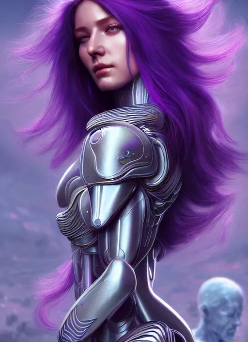 Image similar to a photorealistic detailed image of a beautiful stoic pale woman in sci - fi bionic armor with purple hair, detailed, intricate, elegant, highly detailed, digital painting, artstation, concept art, smooth, sharp focus, illustration, art by hana yata, artem demura, alphonse mucha, octane render, unreal engine, 8 k