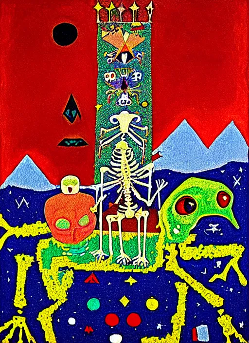 Image similar to pixel decollage painting tarot lovers card composition tower of babel road red armor maggot bear and wonky alien frog skeleton knight on a horse in a dark red cloudy night sky with golden foil jewish stars and diamonds, mountain lake and blossoming field in background, painted by Mark Rothko, Helen Frankenthaler, Danny Fox and Hilma af Klint, pixelated, neo expressionism, semi naive, pastel colors, cinematic, color field painting, cave painting, voxel, pop art look, outsider art, minimalistic. Bill Traylor painting, part by Philip Guston, Amano and Francis Bacon. art by Adrian Ghenie and Storm Thorgerson, very coherent symmetrical artwork, cinematic, hyper realism, high detail, octane render, unreal engine, Smooth gradients, depth of field, full body character drawing, extremely detailed, 8k, extreme detail, intricate detail, masterpiece