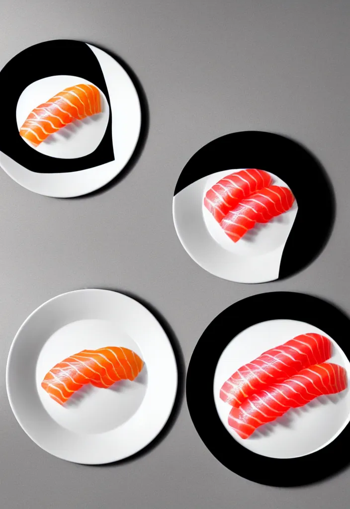 Prompt: a single plate of sushi, hyper minimalist geometric graphic design in the style of buro destrukt and die gestalten verlag