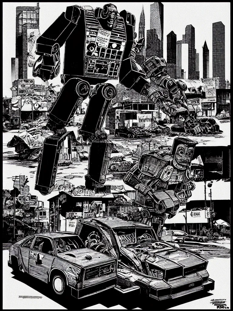 Image similar to an individual Giant wooden robot walking down the street, a crushed car is under the robot’s foot by Richard Corben, cinematic, cyberpunk, crime noir