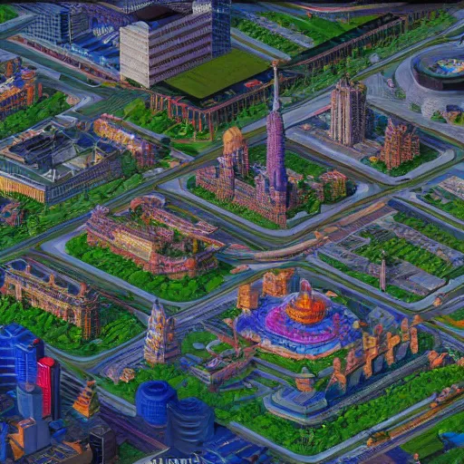 Image similar to SNES SimCity hyperreal city with large parks drawn by Donato Giancola and Tom Bagshaw, Edmund Leighton, Alphonse Mucha, tilt shift, 4k, volumetric lighting, komorebi, french nouveau, trending on artstation, octane render, hyperrealistic