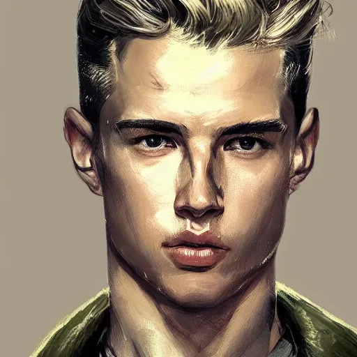 Image similar to Portrait of a man by Greg Rutkowski, he is about 20 years old, norwegian, short blond quiff hair, young, manly, attractive, strong, older brother vibes, he is wearing futuristic military fatigues, highly detailed portrait, scifi, digital painting, artstation, concept art, smooth, sharp foccus ilustration, Artstation HQ