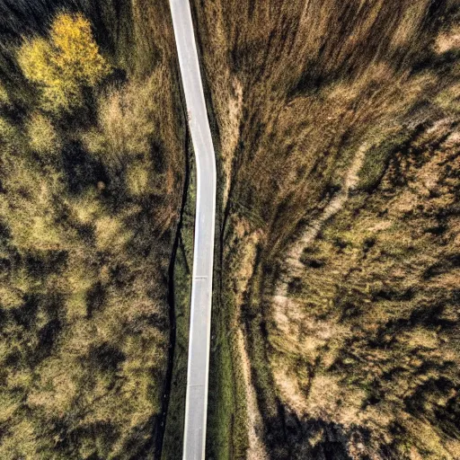 Prompt: drone fottage of an old abandoned road