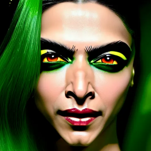 Prompt: A beautiful portrait of Deepika Padukone as Poison Ivy from Batman as a Versace fashion model Spring/Summer 2010, highly detailed, in the style of cinematic, Getty images, Milan fashion week backstage, Makeup by Pat McGrath, Hair by Guido Palau,Greg rutkowski