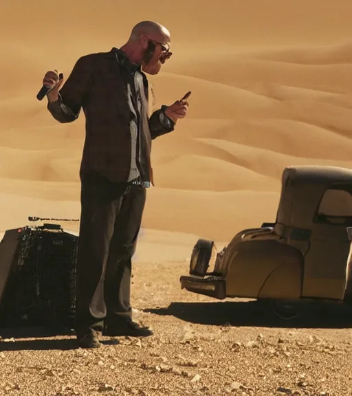 Prompt: walter white singing with a microphone in the desert, realistic, movie still, close up, dynamic