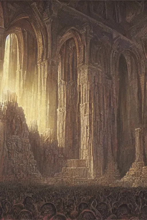 Prompt: Artwork by John Howe of the cinematic view of the Temple of Infernal Writings, Infernal Writing