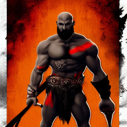 Prompt: hybrid of kratos and a chicken, digital art, cold hue's, warm tone gradient background