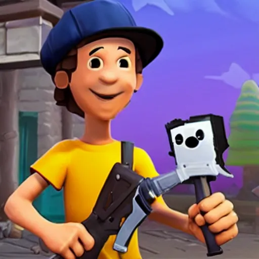 Prompt: el chavo del 8 as a fortnite character, with a machine gun, in fornite'n 4