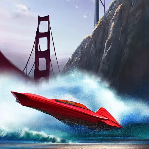 Image similar to concpet art featuring a futuristic red racing speedboat designed in the style of ferrari racing under the golden gate bridge. fine detail. surf. this 4 k hd image is trending on artstation, featured on behance, well - rendered, extra crisp, features intricate detail, epic composition and the style of unreal engine.