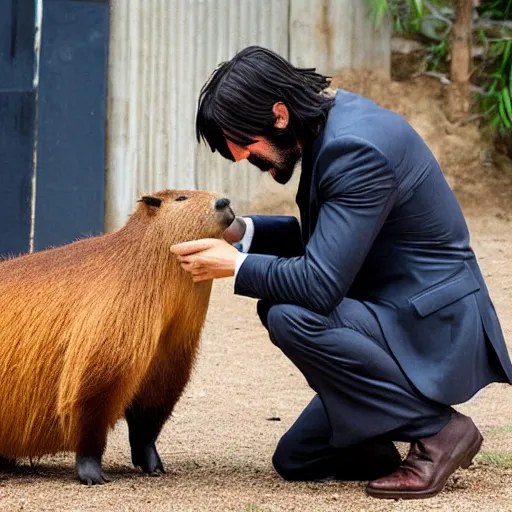 Image similar to john wick hugging a capybara