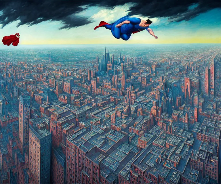 Image similar to hyper detailed 3d render like a Oil painting - mordidly obese superman floating over empty city streets, dramatic sky in background, radiant, depressed sad expression, by Jacek Yerka, Mariusz Lewandowski, Houdini algorithmic generative render, Abstract brush strokes, Masterpiece, Edward Hopper and James Gilleard, Zdzislaw Beksinski, Mark Ryden, Wolfgang Lettl, hints of Yayoi Kasuma, octane render, 8k