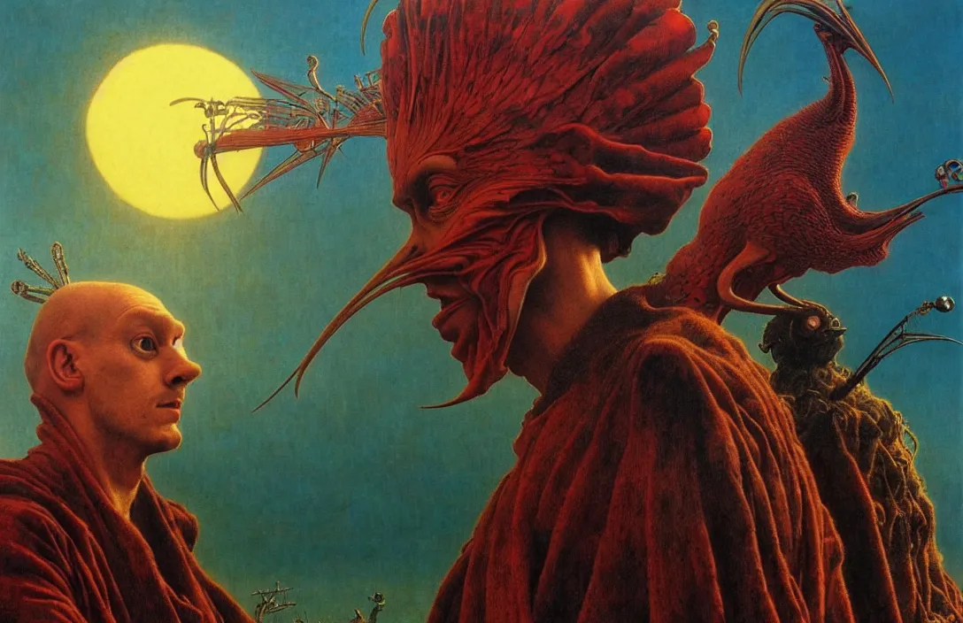 Prompt: realistic detailed portrait movie shot of a birdman wearing dark ragged robes, sci fi city sunset landscape background by denis villeneuve, amano, yves tanguy, alphonse mucha, ernst haeckel, max ernst, roger dean, masterpiece, rich moody colours, blue eyes