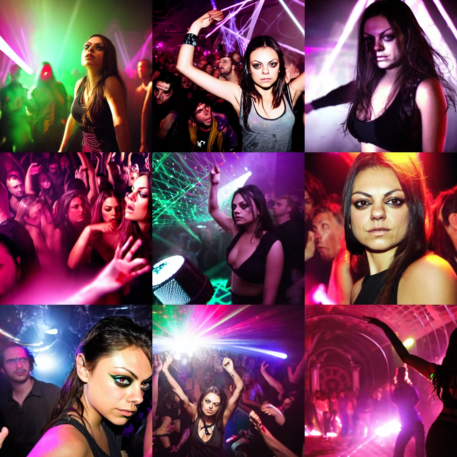 Prompt: dark, moody, mila kunis in trance at a drum and bass jungle party dancing, artistic, party people in background, lasers, ecstasy