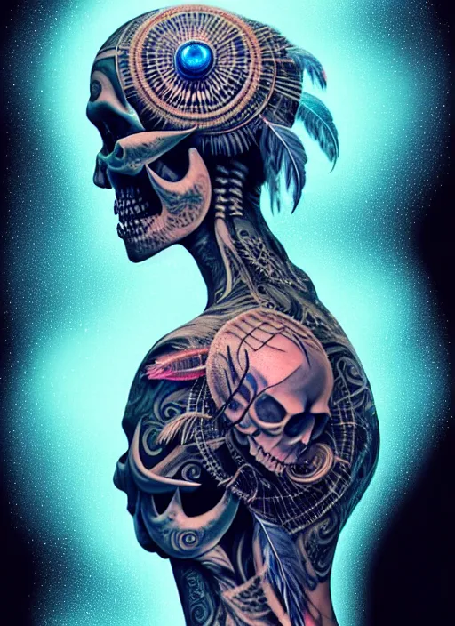 Image similar to 3 d shaman with tattoos profile portrait, sigma 5 0 0 mm f / 5. beautiful intricate highly detailed skull and feathers and hairs and tattoos. bioluminescent, plasma, frost, water, wind, creature, gradient background, thunderstorm! artwork by tooth wu and wlop and beeple and greg rutkowski, 8 k trending on artstation,