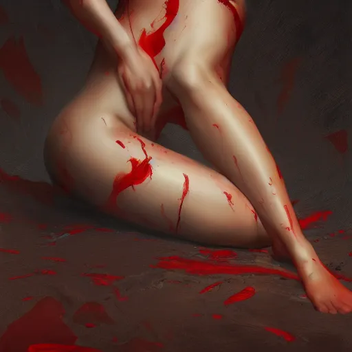 Prompt: painting of a woman thighs, gloomy, blood, fire, intricate, elegant, highly detailed, digital painting, artstation, concept art, matte, sharp focus, illustration, octane render, unreal engine, art by aenaluck and roberto ferri and greg rutkowski, epic fantasy, digital painting