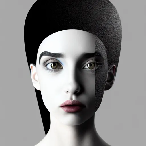 Prompt: An abstract portrait of a girl with black hair against dark grey background, detail oriented work inspired by M.C Escher and the surrealist movement, rendered using photoshop, sony vegas pro 2019 and pixologic's zbrush