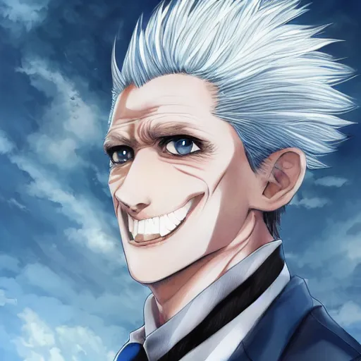 Prompt: semi realistic anime illustration of short slick backed white haired man, wearing dark blue suit, with beautiful hyperdetailed sky blue eyes, grimacing, staring intensely, facing camera directly, full face portrait made by Stanley Artgerm, WLOP, Rossdraws, James Jean Andrei Riabovitchev, Marc Simonetti, Yoshitaka Amano, Artstation