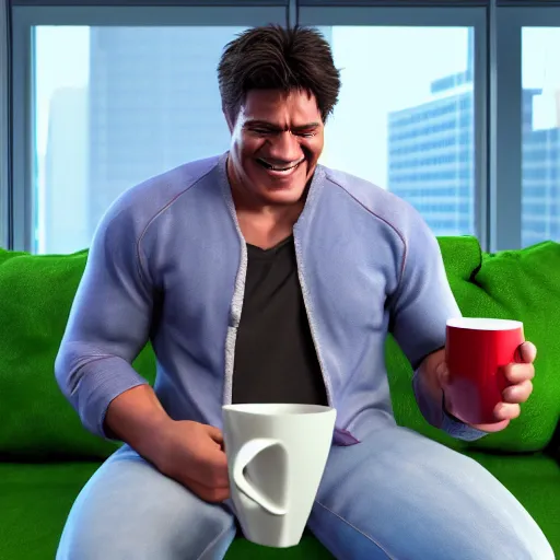 Image similar to A high definition photo of a happy and smiling incredible hulk drinking a cup of coffee on a couch in his living room, hyperdetailed, artstation, digital art, photorealism, accurate, 8k,