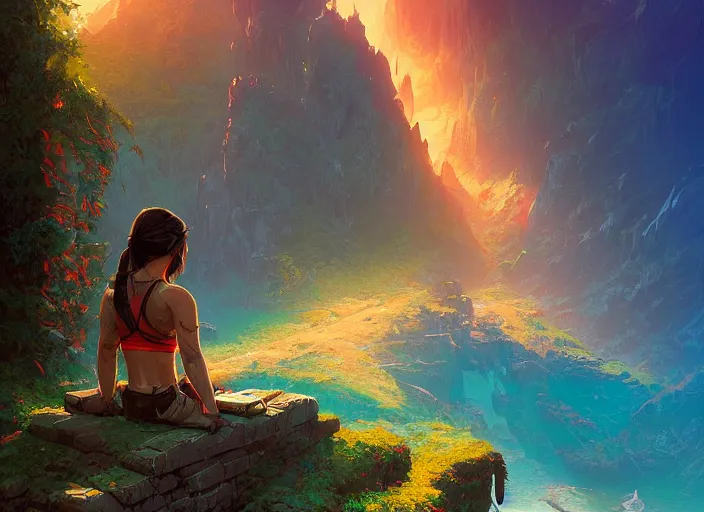 Prompt: Lara Croft relaxing, Alena Aenami, Petros Afshar, Noah Bradley, Anton Fadeev, Anato Finnstark, Steve Henderson, Filip Hodas, Mark Keathley, Thomas Kinkade, Phil Koch, Gilbert Williams, Mike Winkelmann, Beeple