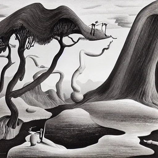 Prompt: A Surreal Landscape by Charles Addams and salvador dali